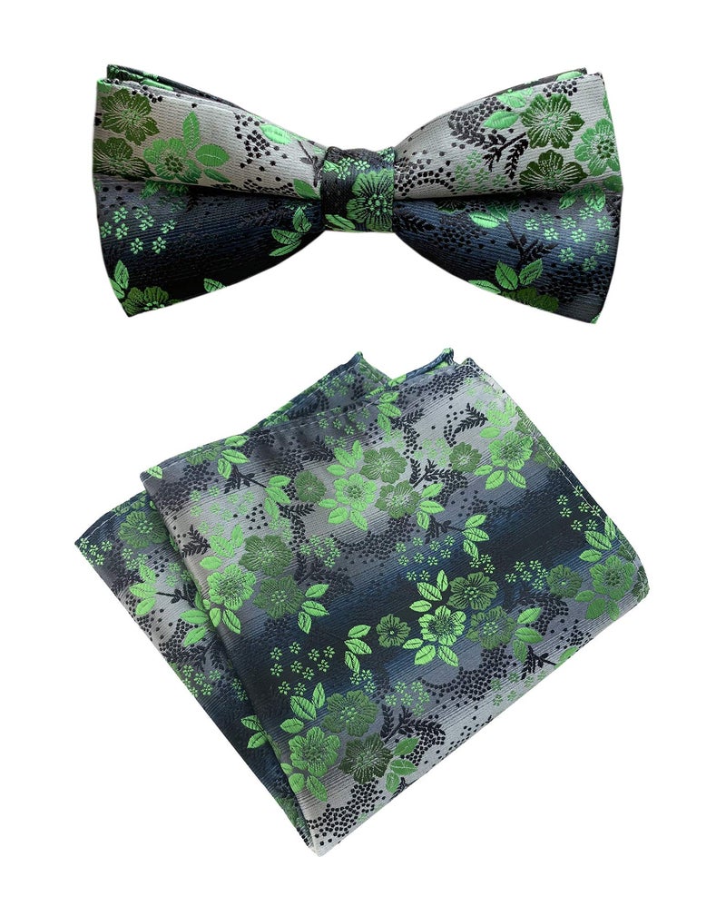 Secdtie Men's Boys Green Grey Textured Party Silk Bow Tie Pocket Square Set Birthday Presents for Son Husband Guys - Image 1